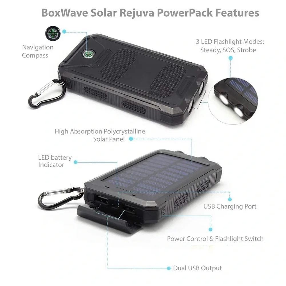 Solar Power Bank 20000 mAh with Flashlight, Dual USB, Waterproof – Black NWT